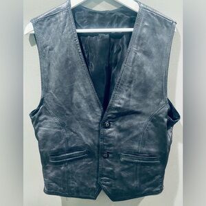 Vintage Genuine Leather Black Unisex Vest Size M-L Adjustable Strap Front Pocket